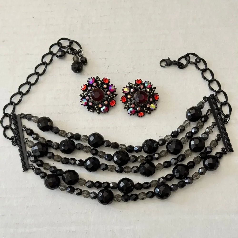 Vintage Black Jet Crystal Choker Necklace Clip Earrings Set Red Rhinestones